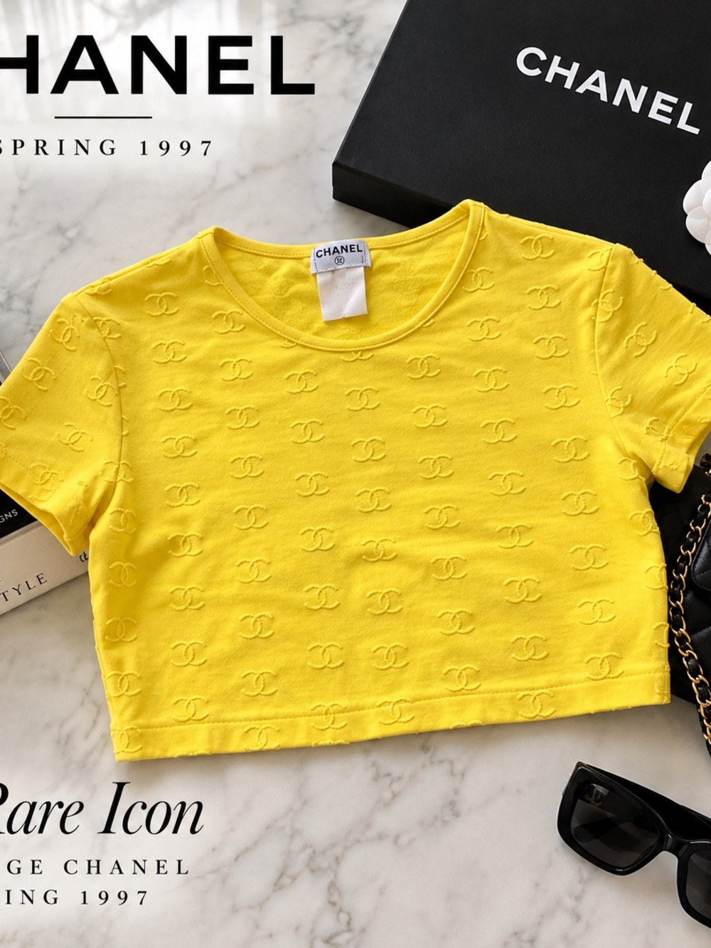 RARE VINTAGE CHANEL SPRING 1997 CC LOGO EMBROIDERED CROPPED TOP